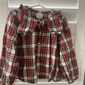 Festive flannel top with cute details! Peter Pan collar with a ruffle, buttons